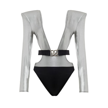 One-Piece Swimsuit by Dolce & Gabbana for women in stretch polyamide viscose black, gray & silver showcases a captivating silhouette, artfully capturing the essence of the captivating Women's Stretch Polyamide Viscose One-Piece Swimsuit design for a sophisticated look.