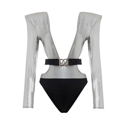 One-Piece Swimsuit by Dolce & Gabbana for women in stretch polyamide viscose black, gray & silver showcases a captivating silhouette, artfully capturing the essence of the captivating Women's Stretch Polyamide Viscose One-Piece Swimsuit design for a sophisticated look.