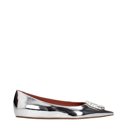 Ballet Flat Shoes by Amina Muaddi for women in leather gray & silver features an statuesque silhouette from the Women's Leather Ballet Flat Shoes collection, showcasing a and a statuesque for a statuesque look.