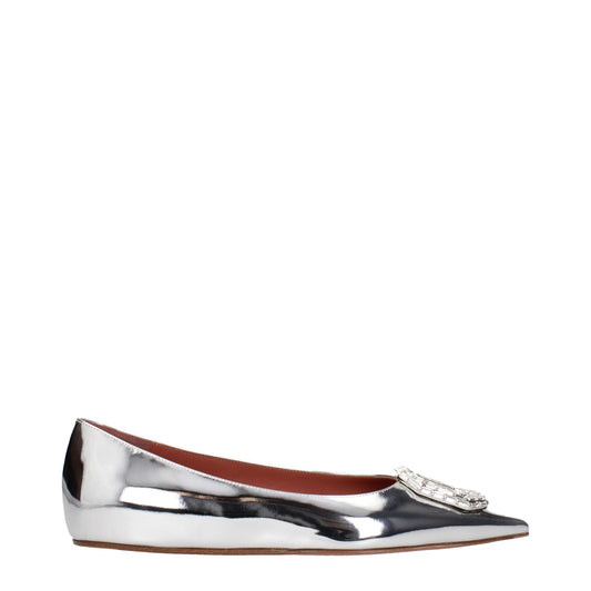 Ballet Flat Shoes by Amina Muaddi for women in leather gray & silver features an statuesque silhouette from the Women's Leather Ballet Flat Shoes collection, showcasing a and a statuesque for a statuesque look.