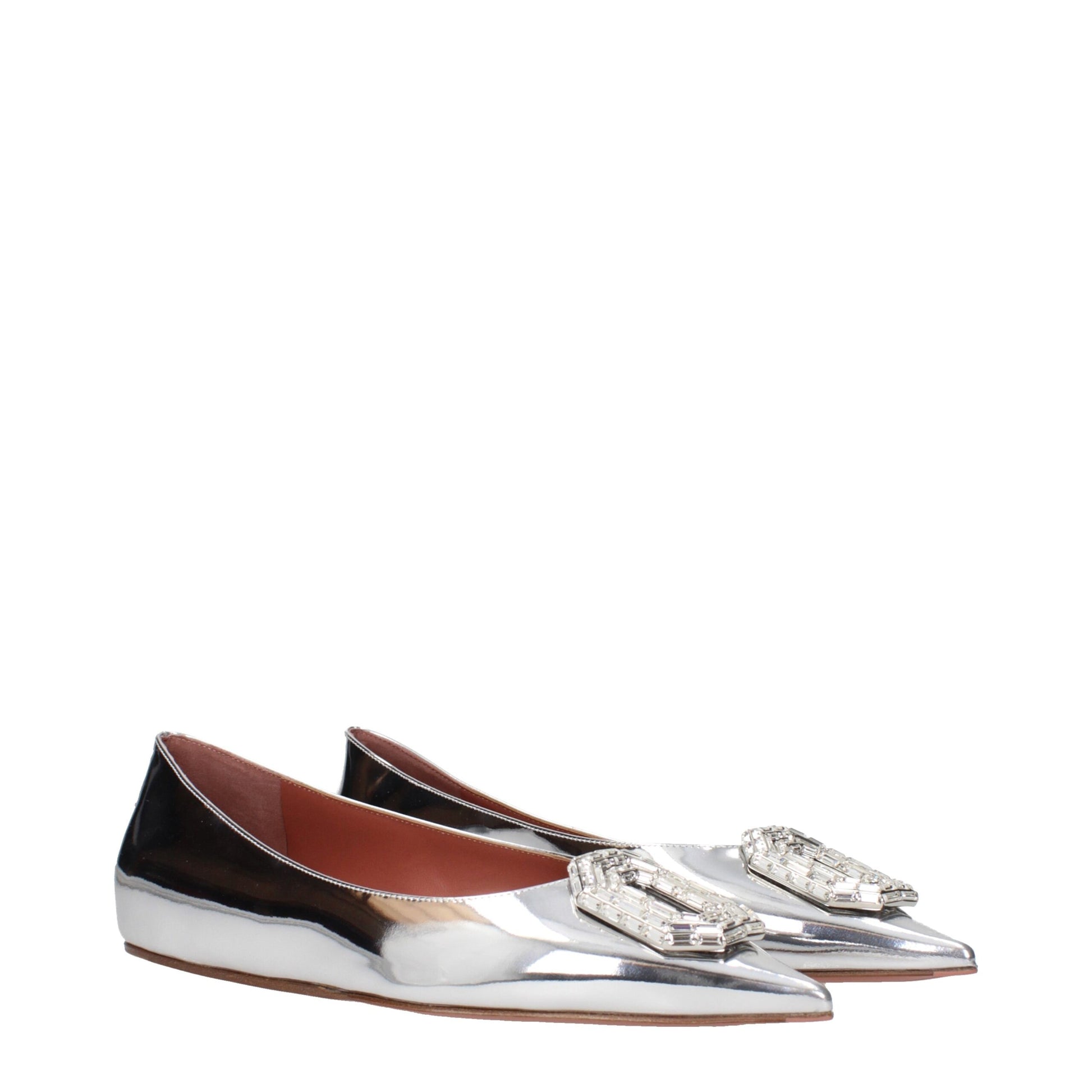 Ballet Flat Shoes by Amina Muaddi for women in leather gray & silver features an statuesque silhouette from the Women's Leather Ballet Flat Shoes collection, showcasing a and a statuesque for a statuesque look.