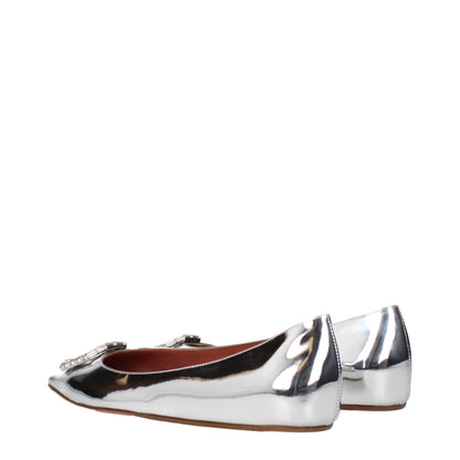 Ballet Flat Shoes by Amina Muaddi for women in leather gray & silver showcases a dynamic silhouette, artfully capturing Women's Leather Ballet Flat Shoes through its distinctive and elegant .