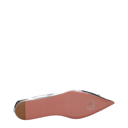 Ballet Flat Shoes by Amina Muaddi for women in leather gray & silver features an captivating silhouette, showcasing the captivating style of the Women's Leather Ballet Flat Shoes with its distinct and refined .