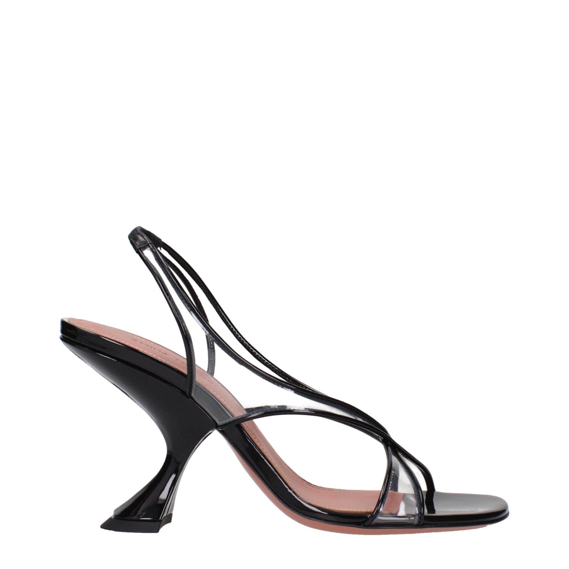 Stiletto Sandals by Amina Muaddi for women in patent leather black presents a sculptural silhouette, showcasing the Women's Patent Leather Stiletto Sandals design with a sculptural stiletto and for a premium look.