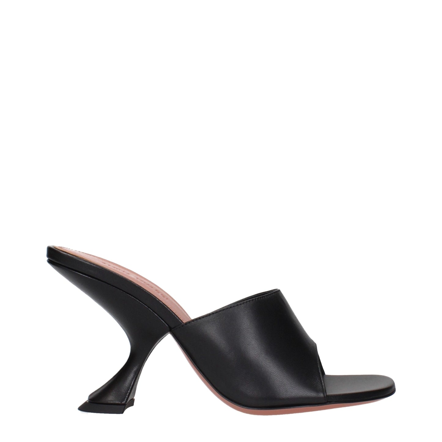 Stiletto Sandals by Amina Muaddi for women in leather black presents a sculptural silhouette, showcasing the Women's Leather Stiletto Sandals design with a sculptural stiletto and for a premium look.