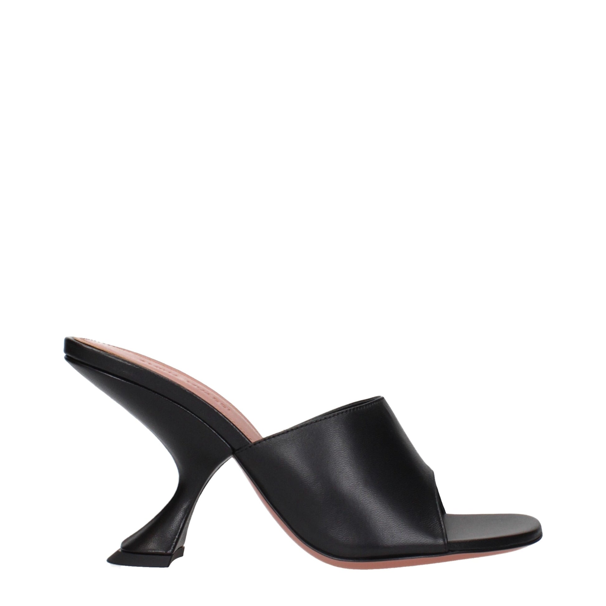 Stiletto Sandals by Amina Muaddi for women in leather black presents a sculptural silhouette, showcasing the Women's Leather Stiletto Sandals design with a sculptural stiletto and for a premium look.
