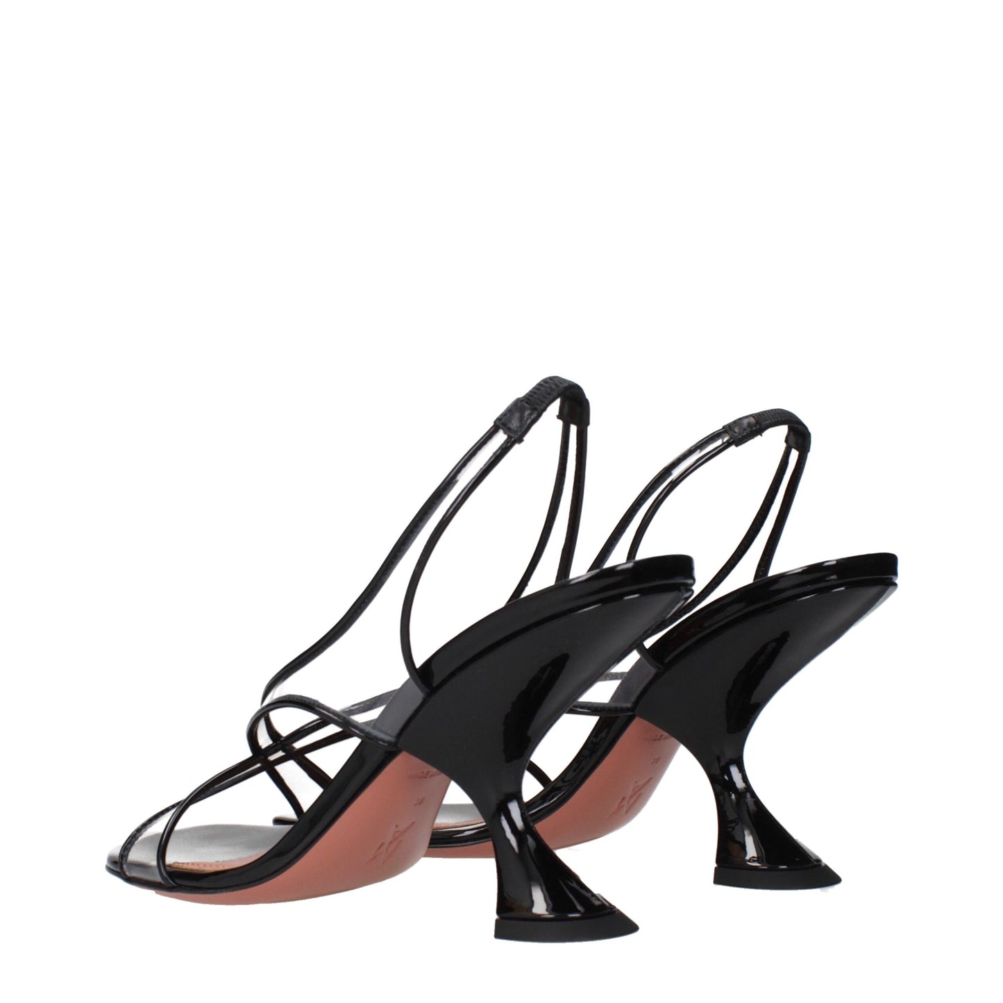Stiletto Sandals by Amina Muaddi for women in patent leather black features an architectural design from the Women's Patent Leather Stiletto Sandals collection, defined by a architectural stiletto and for a architectural finish.