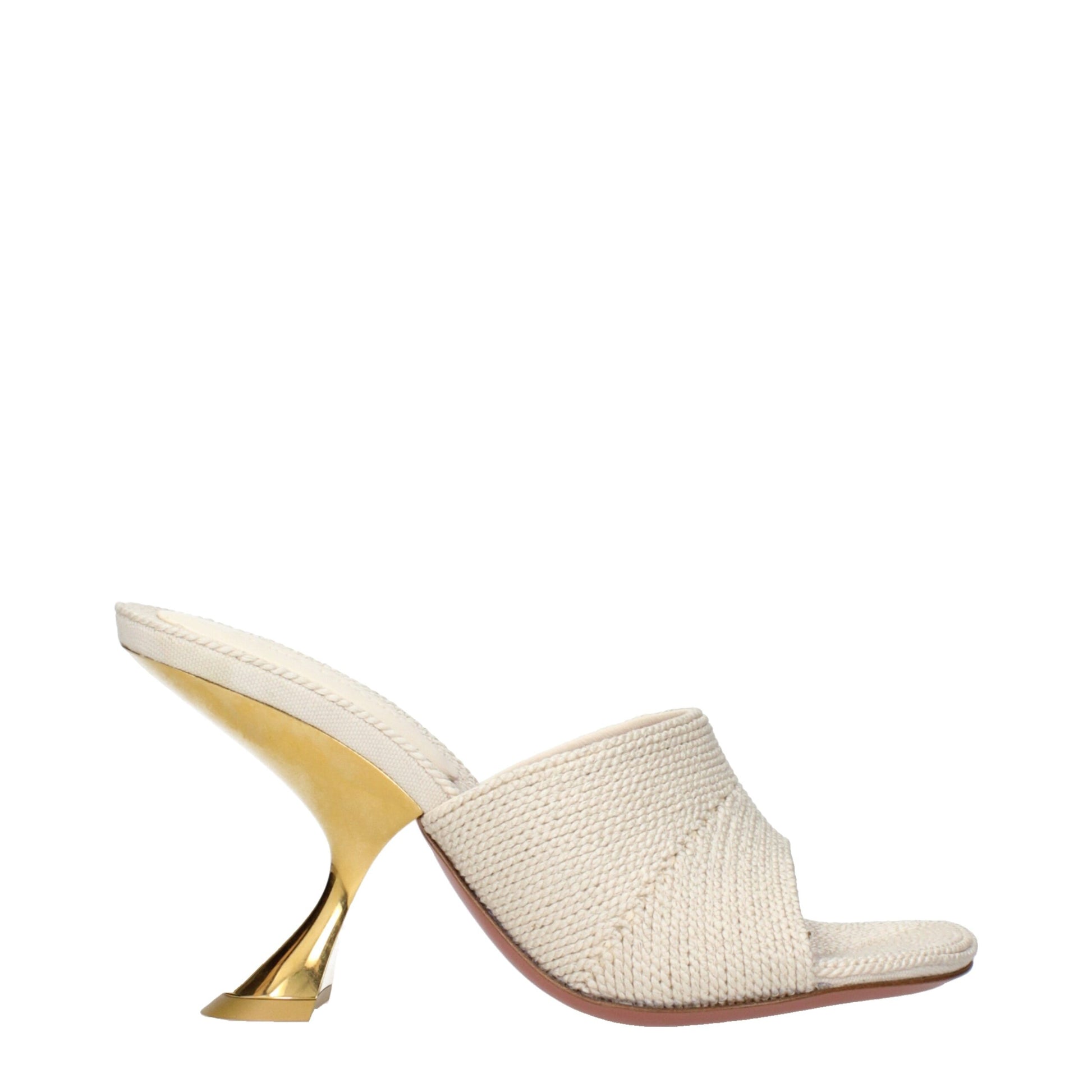 Slippers by Amina Muaddi for women in fabric and beige presents a sculptural silhouette as Women's Fabric Slippers, featuring a sculptural and a sculptural for refined comfort.