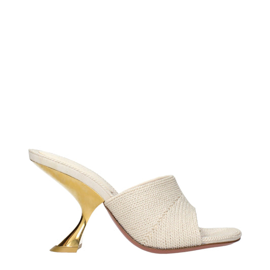 Slippers by Amina Muaddi for women in fabric and beige presents a sculptural silhouette as Women's Fabric Slippers, featuring a sculptural and a sculptural for refined comfort.