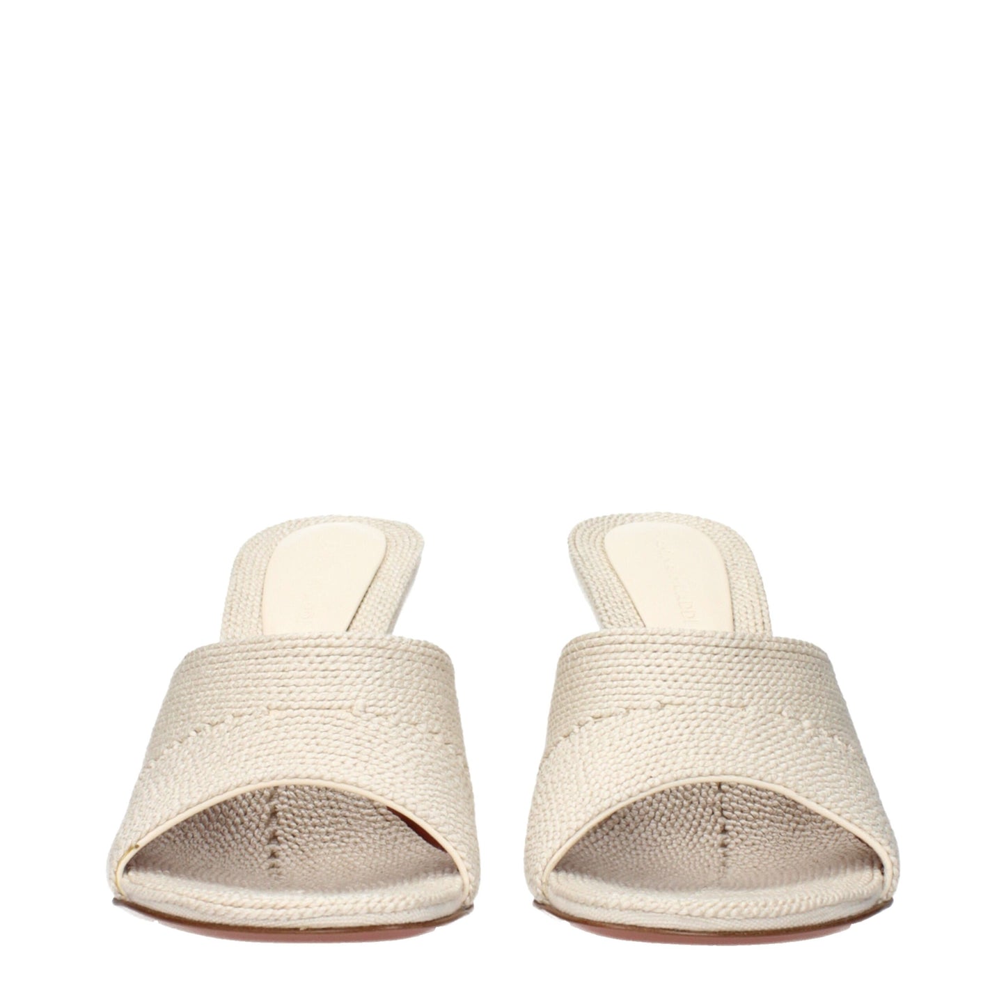 Slippers by Amina Muaddi for women in fabric beige presents a sumptuous silhouette, perfectly capturing the sumptuous essence of Women's Fabric Slippers with its signature and .