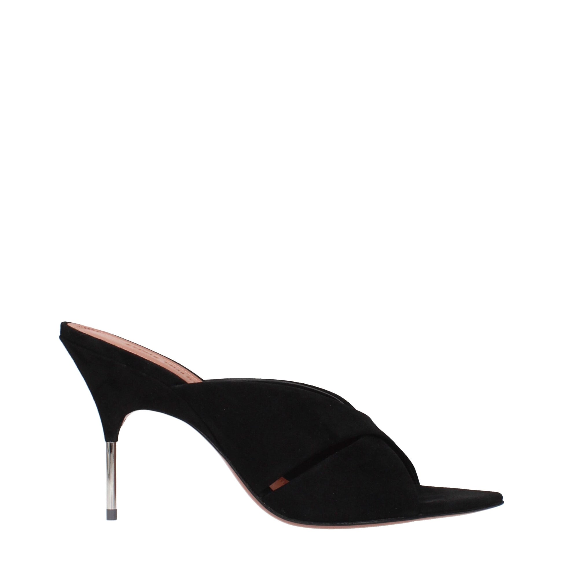 Stiletto Sandals by Amina Muaddi for women in suede leather black features an statuesque Women's Suede Leather Stiletto Sandals silhouette with a refined stiletto and elegant .