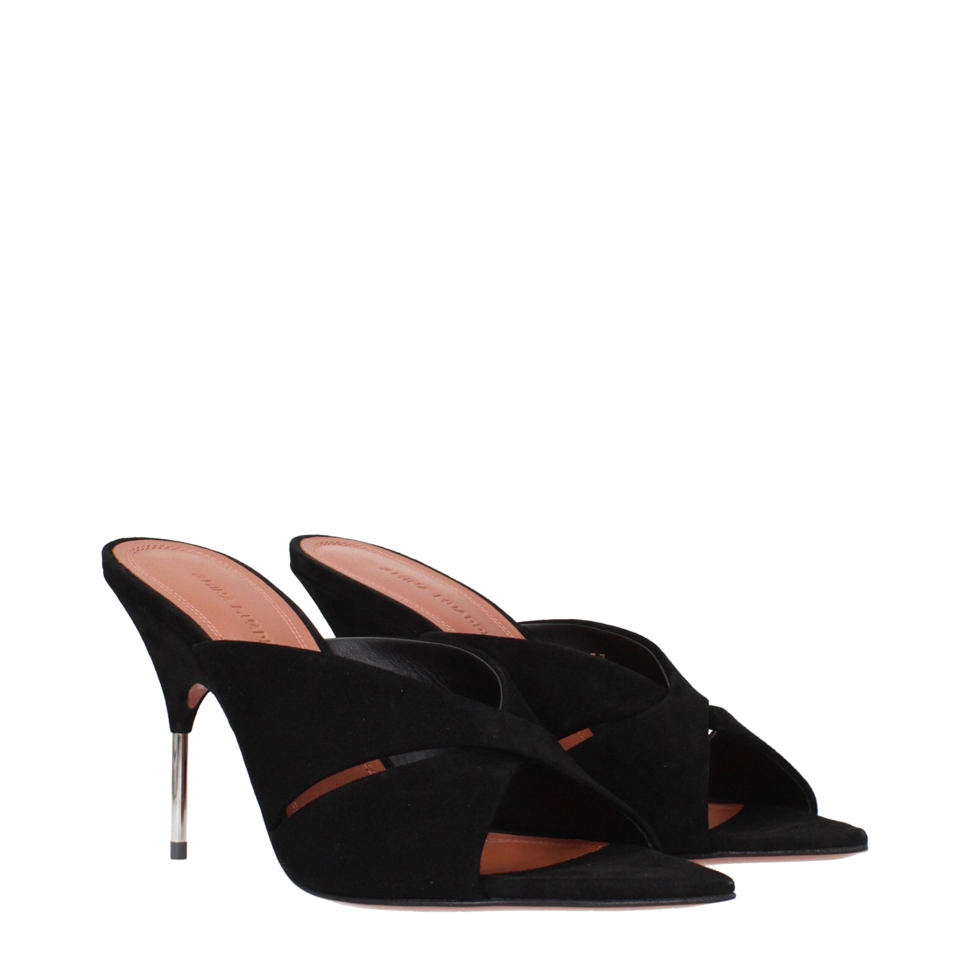Stiletto Sandals by Amina Muaddi for women in suede leather black features an exquisite silhouette, showcasing the exquisite Women's Suede Leather Stiletto Sandals with a stiletto and .