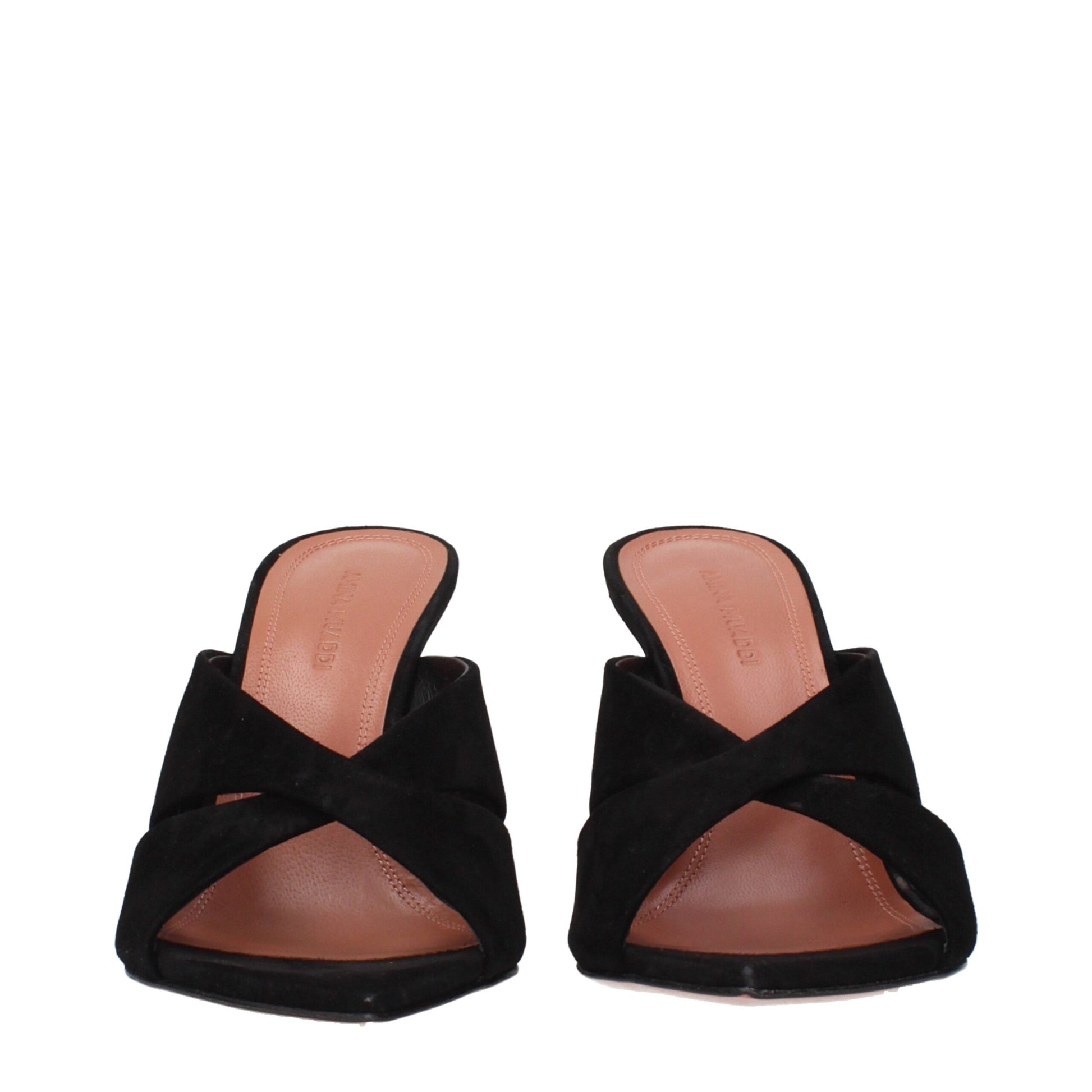 Stiletto Sandals by Amina Muaddi for women in suede leather black showcases a sculptural silhouette as Women's Suede Leather Stiletto Sandals, defined by a sculptural stiletto and sculptural for a sculptural look.