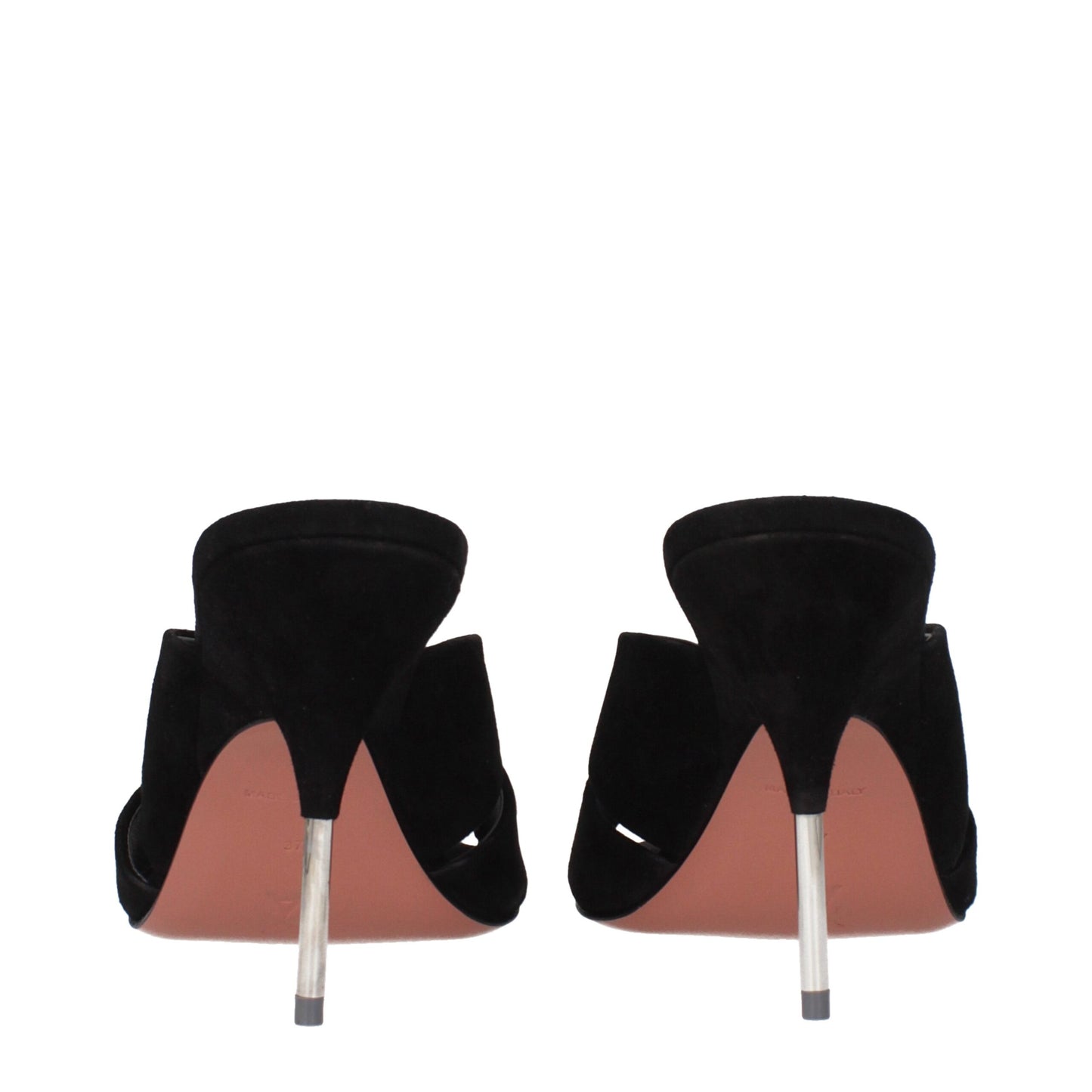 Stiletto Sandals by Amina Muaddi for women in suede leather black features an architectural design from the Women's Suede Leather Stiletto Sandals collection, defined by a architectural stiletto and for a architectural finish.