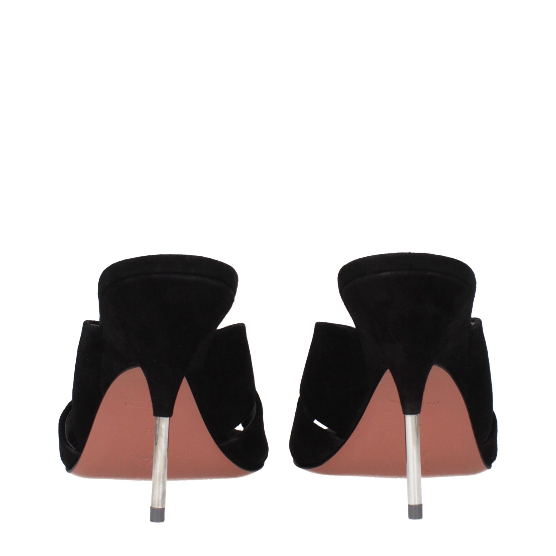 Stiletto Sandals by Amina Muaddi for women in suede leather black features an architectural design from the Women's Suede Leather Stiletto Sandals collection, defined by a architectural stiletto and for a architectural finish.