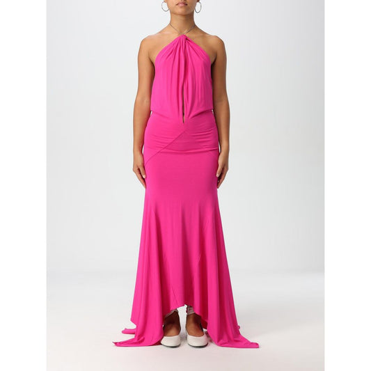 Dress by The Attico for women in chiffon fuchsia features an eye catching silhouette with a sophisticated halter neckline, elegant sleeveless, and a refined maxi for a eye catching aesthetic.