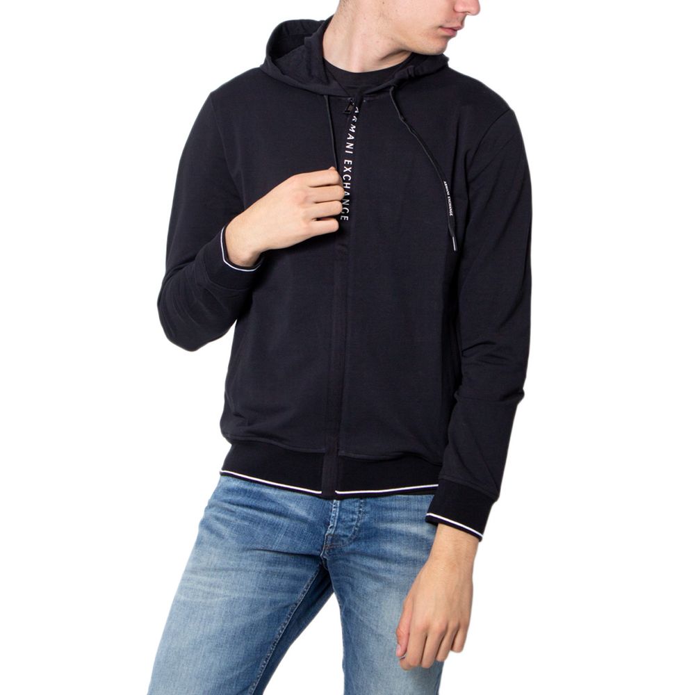 Hooded Hoodie by Armani Exchange for men in stretch cotton black showcases a city-ready silhouette, artfully detailed with a signature hooded neckline and for a city-ready finish.