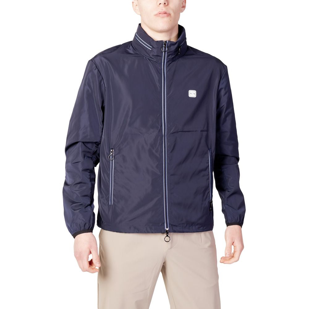 Windbreaker Jacket by Armani Exchange for men in polyester blue showcases a urban chic silhouette, detailed with a urban chic and functional lightweight, pockets & windproof for a polished finish.