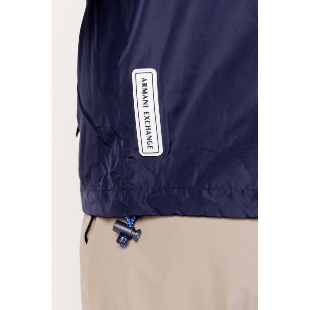 Windbreaker Jacket by Armani Exchange for men in polyester blue presents a resilient silhouette, artfully detailed with a sophisticated and functional lightweight, pockets & windproof for a resilient finish.