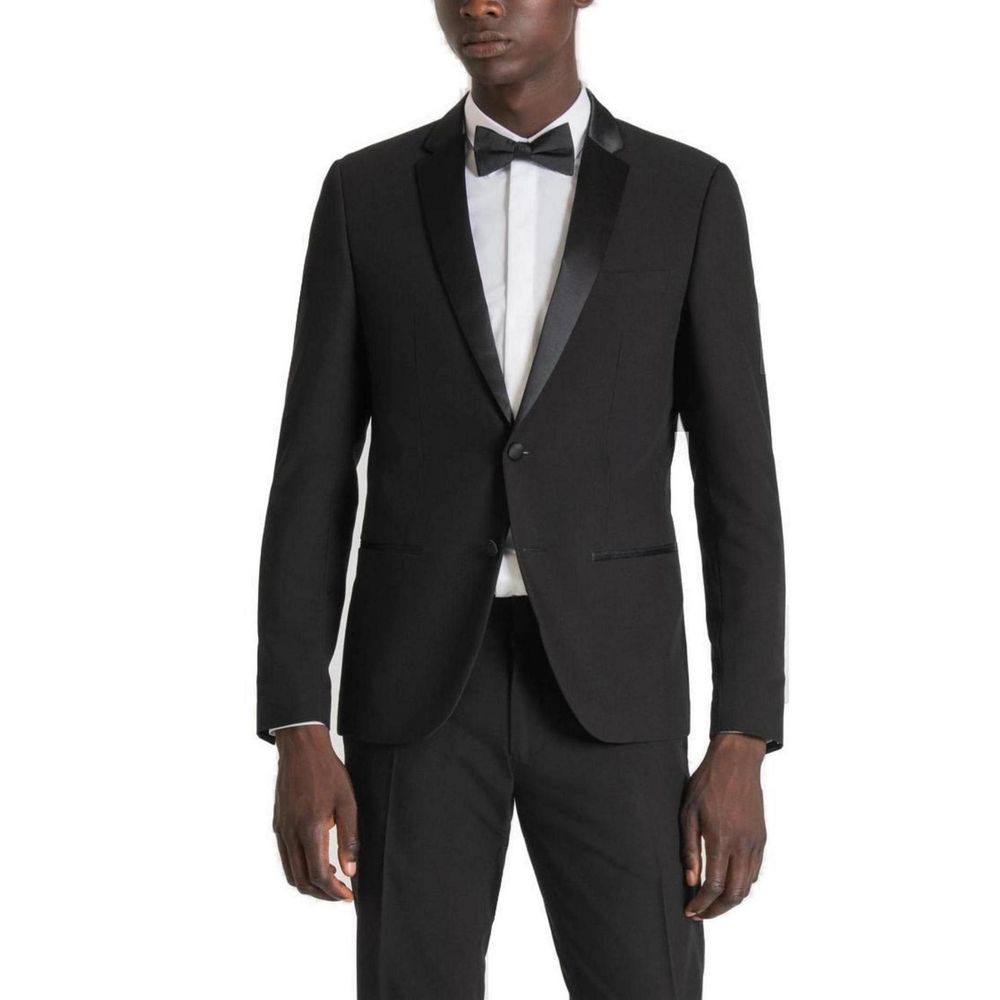 Blazer by Antony Morato for men in satin polyester & viscose black & white showcases a polished silhouette, highlighted by a refined lapel neckline and polished for a sophisticated finish.