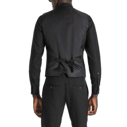 Vest by Antony Morato for men in stretch polyester black showcases a dynamic silhouette, perfectly balancing pockets with a dynamic for a sophisticated, high-fashion look.