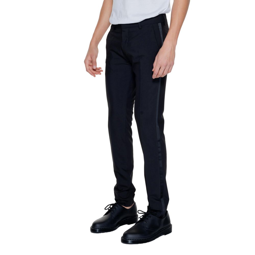 Trousers by Antony Morato for men in stretch viscose polyester black features a sculptural silhouette, showcasing a sculptural slim and long with a sophisticated for a sculptural finish.