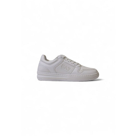 Sneakers by EA7 Emporio Armani for men in polyester & rubber white features an opulent silhouette from the Men's Athletic Casual Polyester & Rubber Sneakers collection, showcasing a signature athletic casual style with an opulent finish.