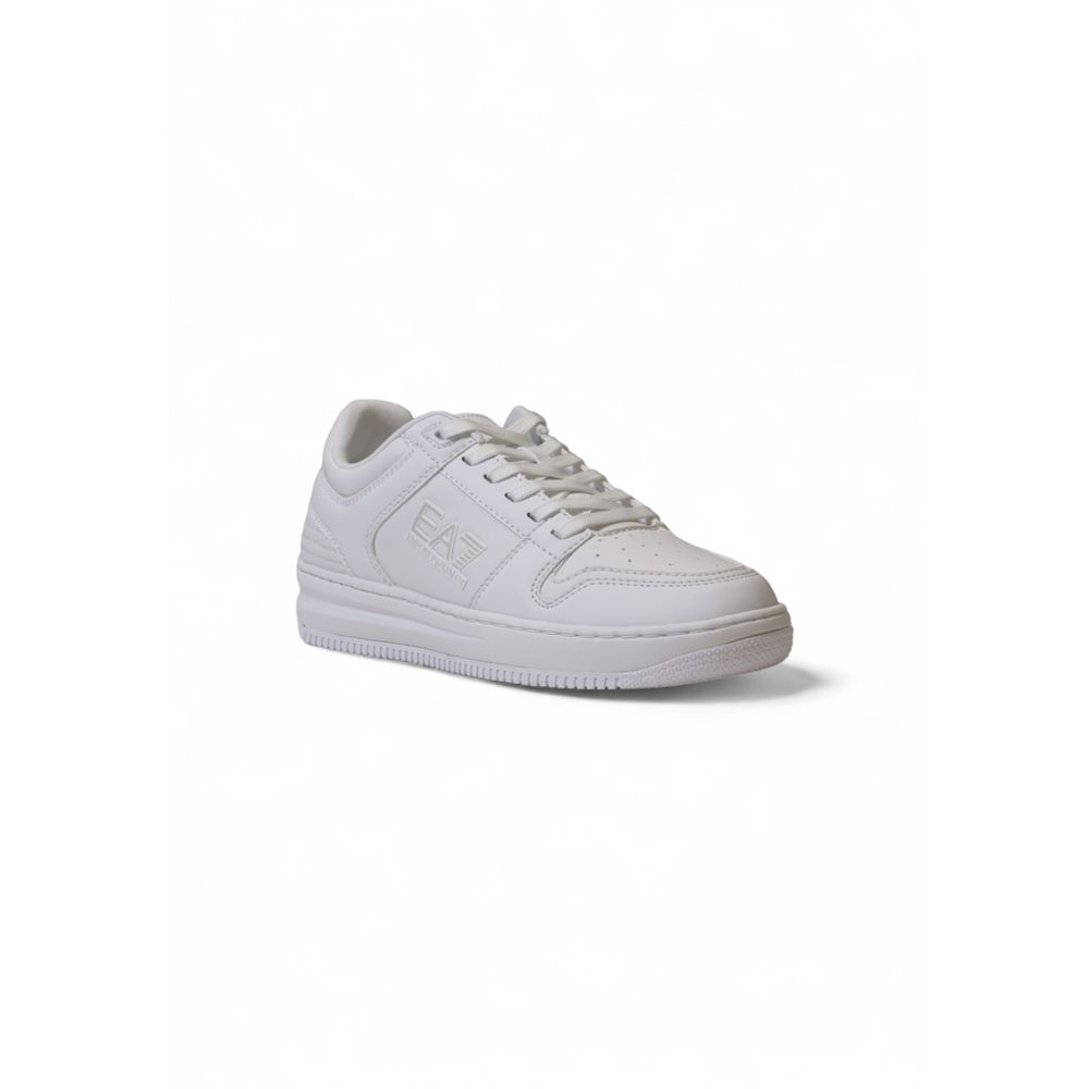 Sneakers by EA7 Emporio Armani for men in polyester & rubber white features an sumptuous silhouette, showcasing the premium Men's Athletic Casual Polyester & Rubber Sneakers in a sumptuous athletic casual style that offers a sumptuous finish for refined style.