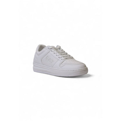 Sneakers by EA7 Emporio Armani for men in polyester & rubber white features an sumptuous silhouette, showcasing the premium Men's Athletic Casual Polyester & Rubber Sneakers in a sumptuous athletic casual style that offers a sumptuous finish for refined style.