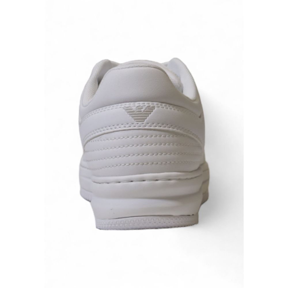 Sneakers by EA7 Emporio Armani for men in polyester & rubber white features an sumptuous design from the Men's Athletic Casual Polyester & Rubber Sneakers collection, highlighting a sumptuous athletic casual style for a premium, high-fashion look.