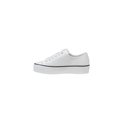 Sneakers by Calvin Klein Jeans for women in leather black & white presents a sumptuous silhouette from the Women's Low-Top Casual Leather Sneakers collection, showcasing a sumptuous low-top casual style for an elevated aesthetic.