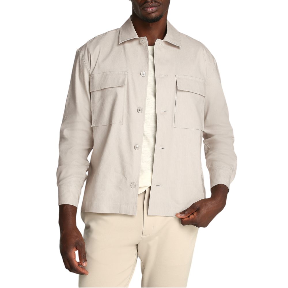 Overcoat by Calvin Klein for men in stretch linen & lyocell beige presents a luxurious silhouette, showcasing a luxurious and sophisticated breathable-design, lightweight & pockets for a premium, luxurious look.