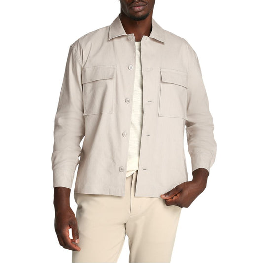 Overcoat by Calvin Klein for men in stretch linen & lyocell beige presents a luxurious silhouette, showcasing a luxurious and sophisticated breathable-design, lightweight & pockets for a premium, luxurious look.