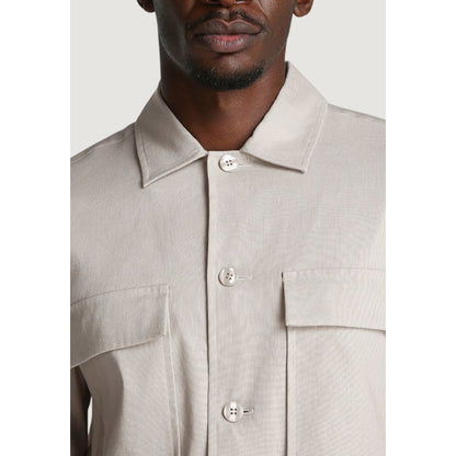 Overcoat by Calvin Klein for men in stretch linen & lyocell beige presents a luxurious silhouette, showcasing a luxurious and sophisticated breathable-design, lightweight & pockets for a premium, luxurious look.