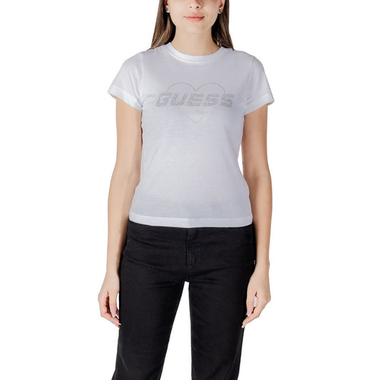 T-Shirt by Guess Active for women in cotton white showcases a dramatic silhouette, elegantly detailed with a dramatic and for a truly dramatic finish.