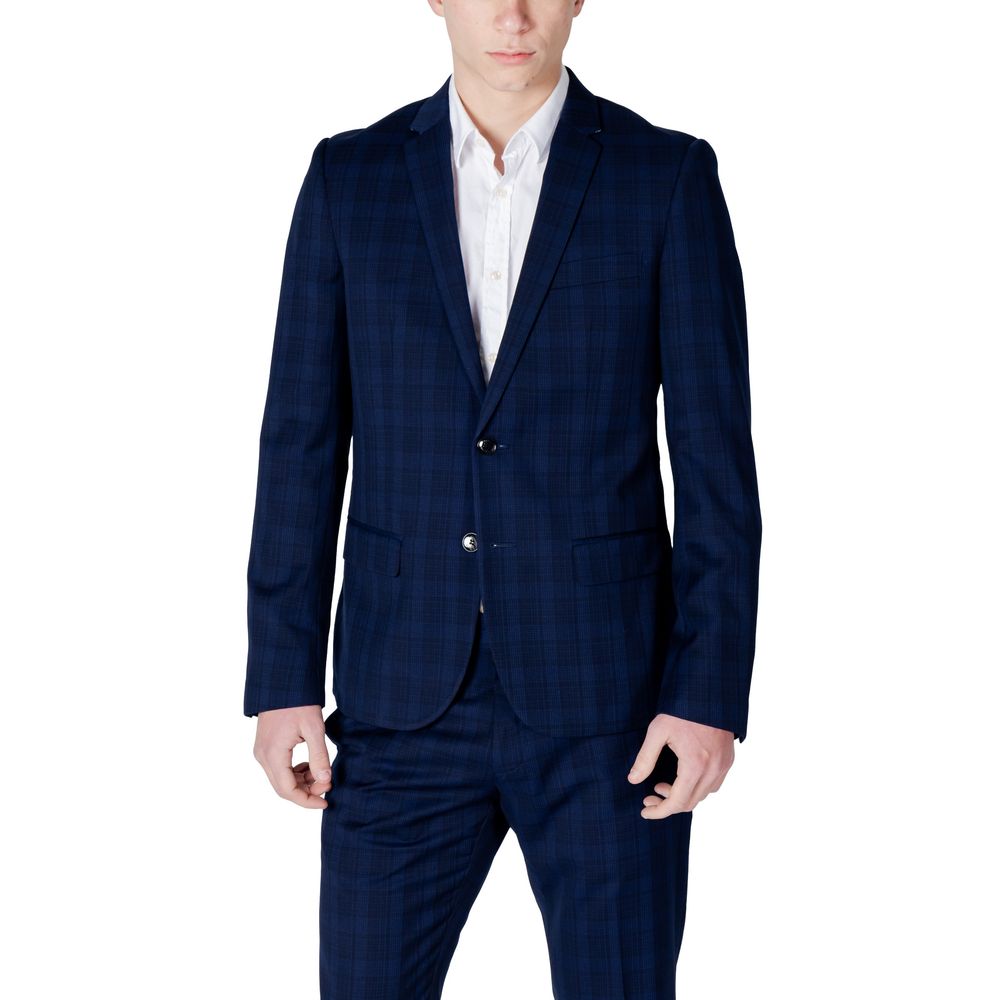 Blazer by Antony Morato for men in stretch polyester & viscose blue showcases a polished silhouette, highlighted by a refined lapel notch-lapel neckline and polished for a sophisticated finish.