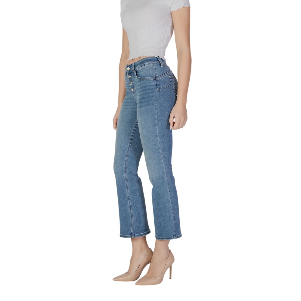Jeans by Liu Jo for women in stretch denim cotton blue features a polished silhouette with a polished bootcut, reaching a polished long and finished with a polished .