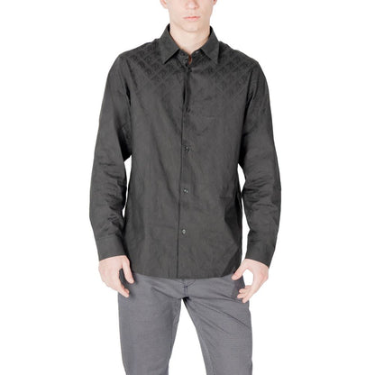 Shirt by Armani Exchange for men in cotton black showcases a sleek silhouette, elegantly detailed with a sleek and long-sleeve for a sleek finish.