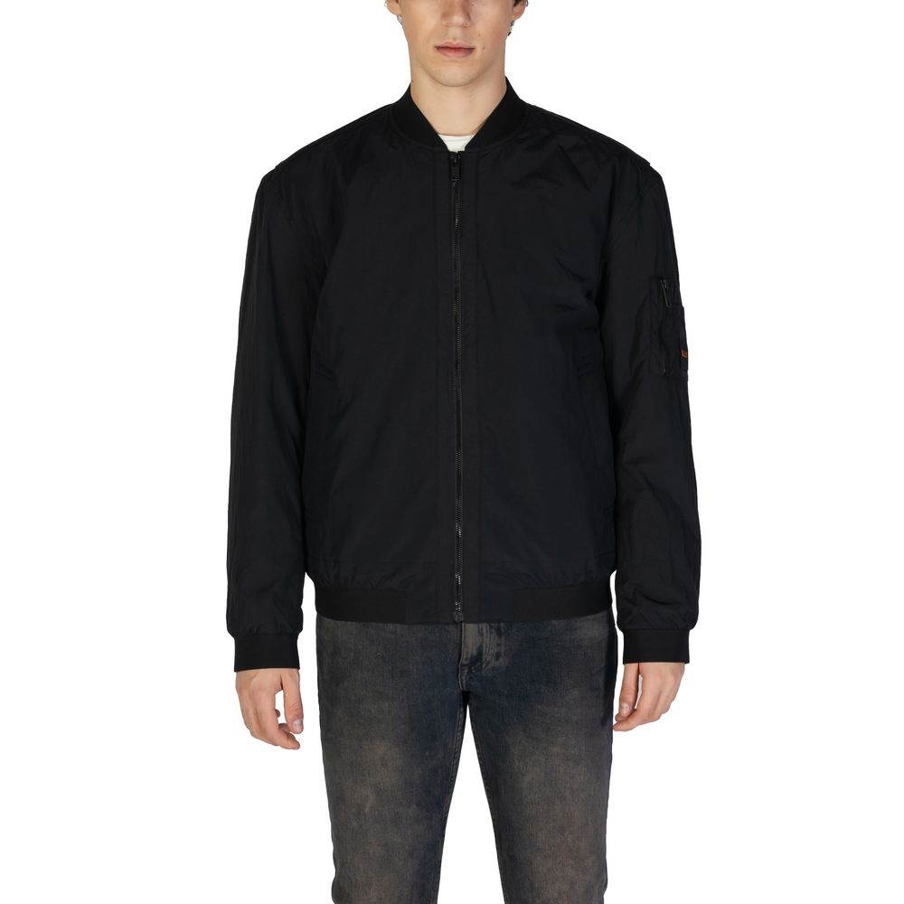 Bomber Jacket by Hugo Boss for men in polyamide cotton black presents a effortlessly chic silhouette, showcasing a sophisticated and premium lightweight & pockets for a truly effortlessly chic finish.