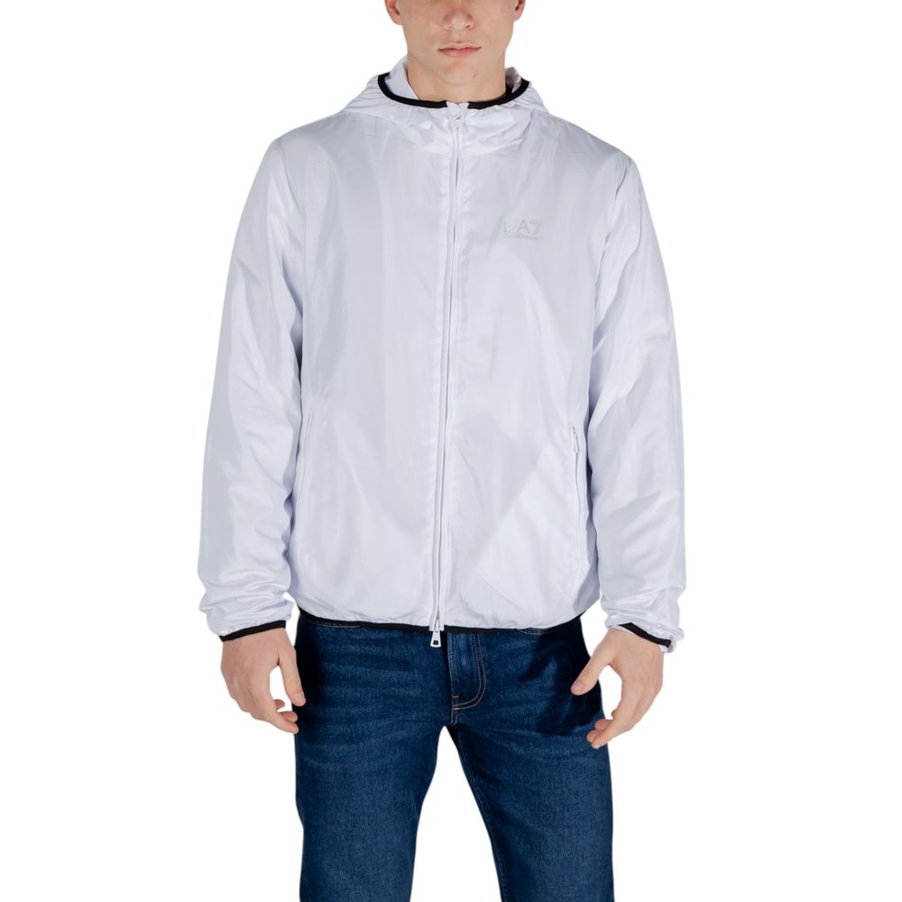 Windbreaker Jacket by EA7 Emporio Armani for men in polyester white showcases a modern silhouette, integrating lightweight & windproof and a modern for a sophisticated finish.
