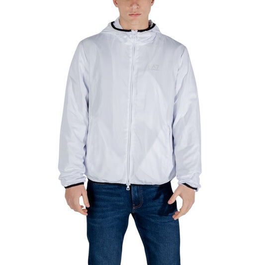Windbreaker Jacket by EA7 Emporio Armani for men in polyester white showcases a modern silhouette, integrating lightweight & windproof and a modern for a sophisticated finish.