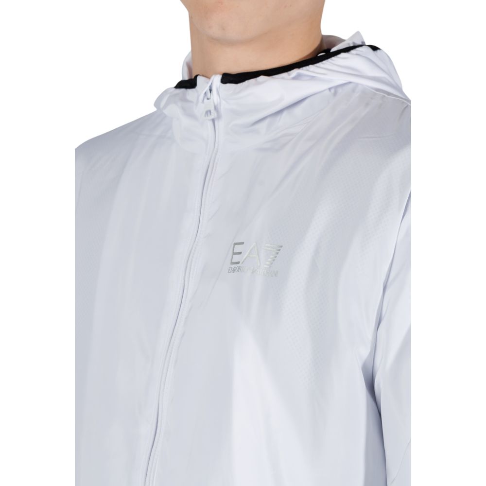 Windbreaker Jacket by EA7 Emporio Armani for men in polyester white showcases a modern silhouette, integrating lightweight & windproof and a modern for a sophisticated finish.