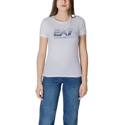 T-Shirt by EA7 Emporio Armani for women in stretch cotton white showcases a unassuming silhouette, artfully detailed with a refined and unassuming for a sophisticated, contemporary look.