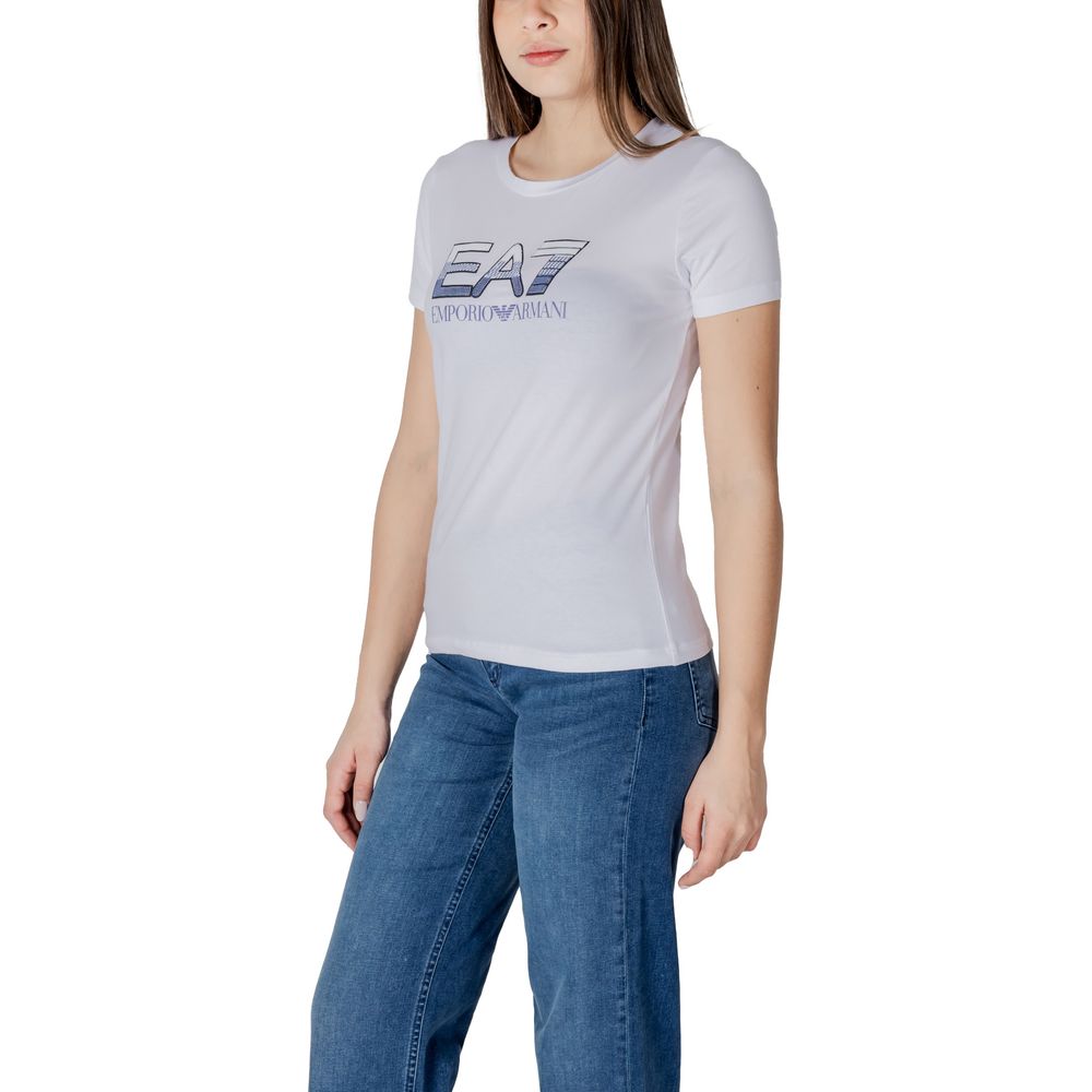 T-Shirt by EA7 Emporio Armani for women in stretch cotton white showcases a fashionable silhouette, elegantly detailed with a fashionable and for a sophisticated, high-fashion look.