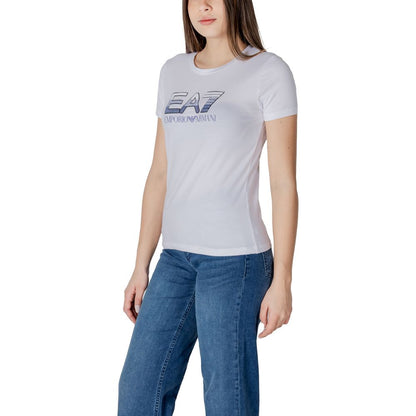 T-Shirt by EA7 Emporio Armani for women in stretch cotton white showcases a fashionable silhouette, elegantly detailed with a fashionable and for a sophisticated, high-fashion look.