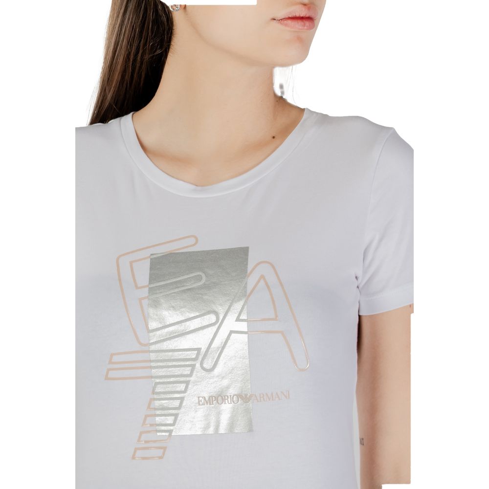 T-Shirt by EA7 Emporio Armani for women in stretch cotton white showcases a fashionable silhouette, elegantly detailed with a fashionable and for a sophisticated, high-fashion look.