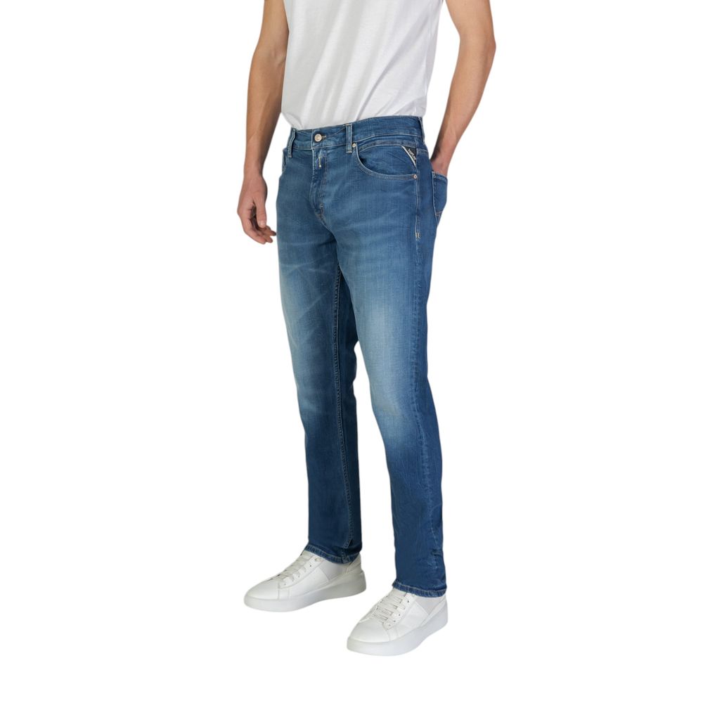Jeans by Replay for men in stretch denim cotton blue presents a refined pantology silhouette, artfully defined by a refined pantology tapered-leg & slim, , and a sophisticated .