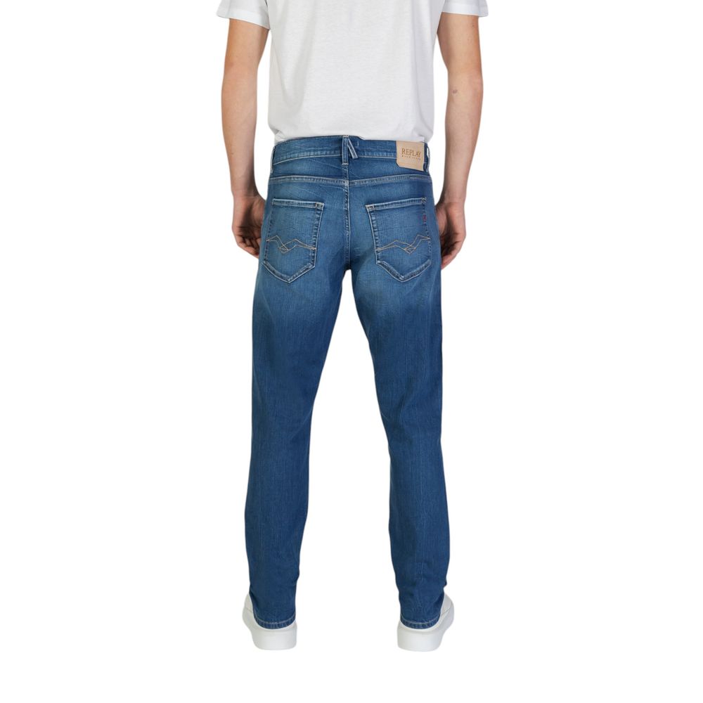 Jeans by Replay for men in stretch denim cotton blue presents a tailored silhouette, showcasing a tailored tapered-leg & slim and cut with a refined for a truly tailored aesthetic.