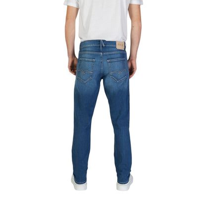 Jeans by Replay for men in stretch denim cotton blue presents a tailored silhouette, showcasing a tailored tapered-leg & slim and cut with a refined for a truly tailored aesthetic.
