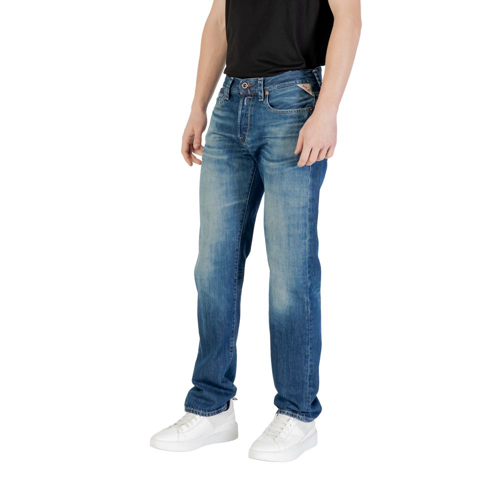 Jeans by Replay for men in denim cotton blue features a polished silhouette with a polished relaxed-fit & regular-fit, reaching a polished and finished with a polished .